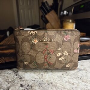 Coach Floral Signature Zip Card Case - Brown with Pink & Cream Flowers